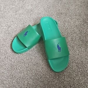 Ralph Lauren Polo Men's Slides Green  with Navy  Horse Sz 12 Preowned